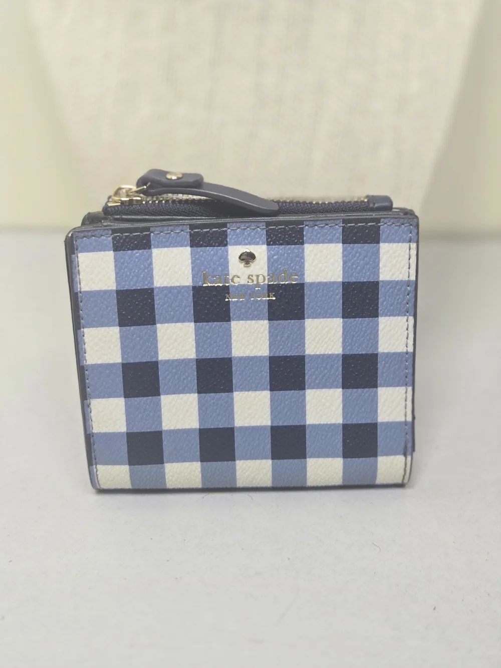 kate spade Blue and White Gingham Compact Card Wallet